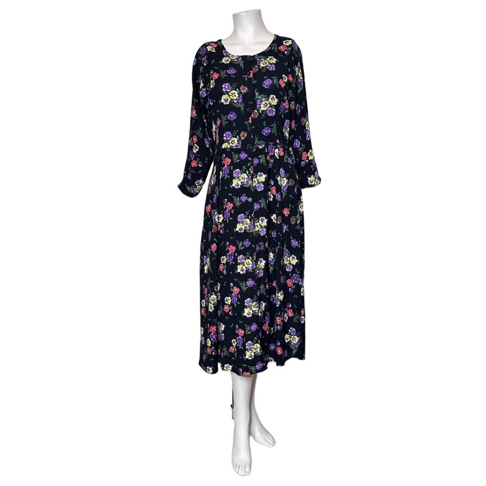 VTG 90s Y2K Nostalgia Floral 100% Rayon Midi Dress Sz L Button Front Cottagecore